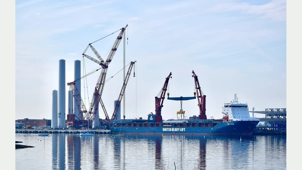Turbine components, cranes and a cargo vessel at New Bedford Marine Commerce Terminal