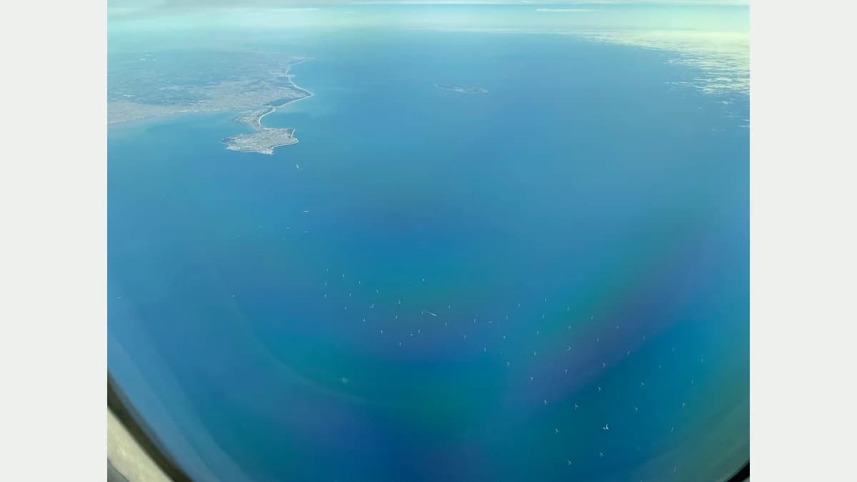 Aerial view of the Saint-Nazaire offshore wind farm and nearby coastline
